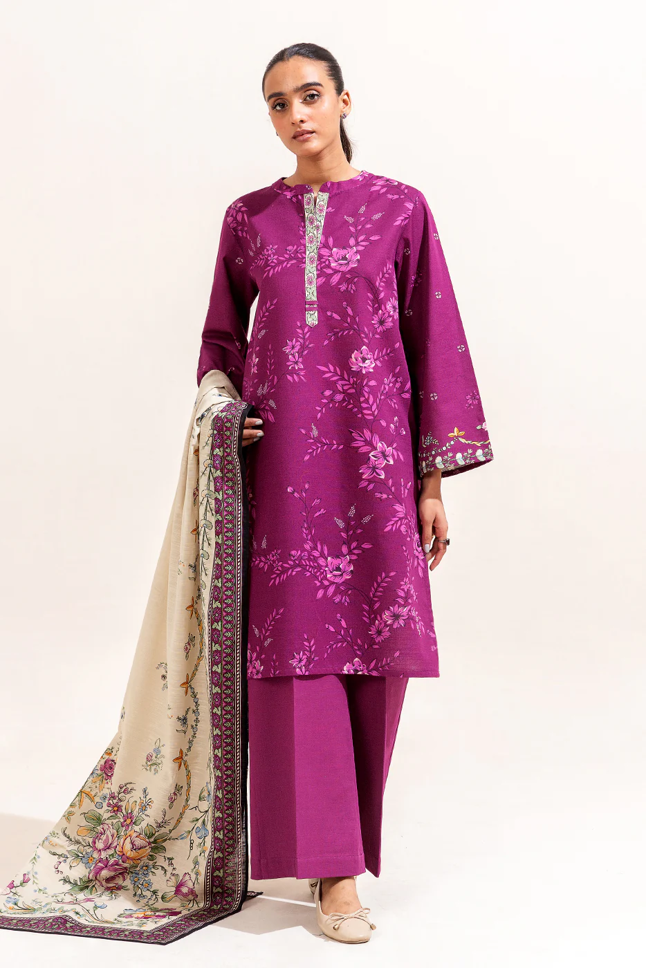 3 PIECE PRINTED KHADDAR SUIT-MULBERRY ORCHID (UNSTITCHED) - Image 6