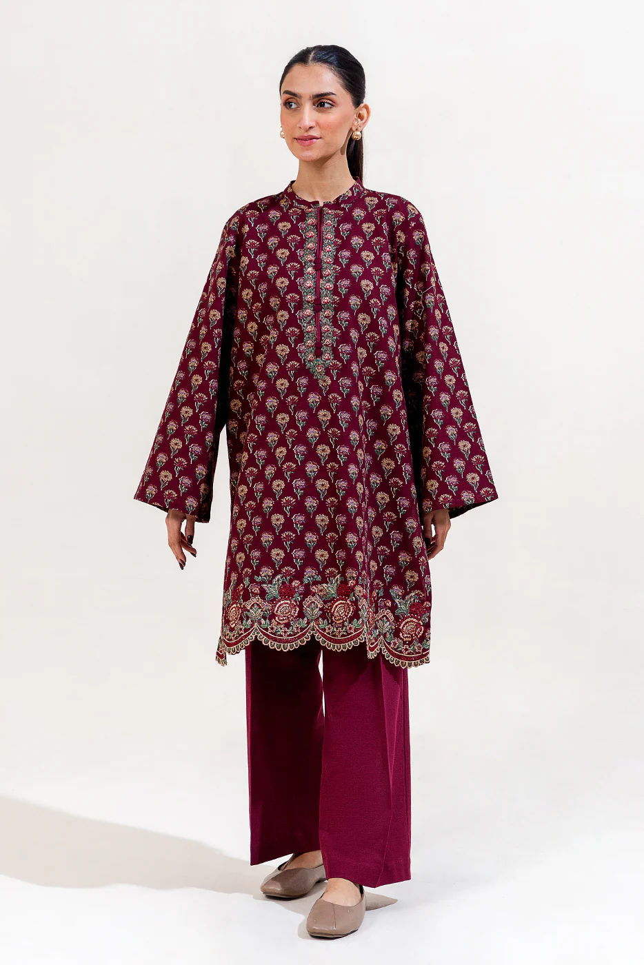 2 PIECE EMBROIDERED KHADDAR SUIT-MAROON BLOOM (UNSTITCHED) - Image 2