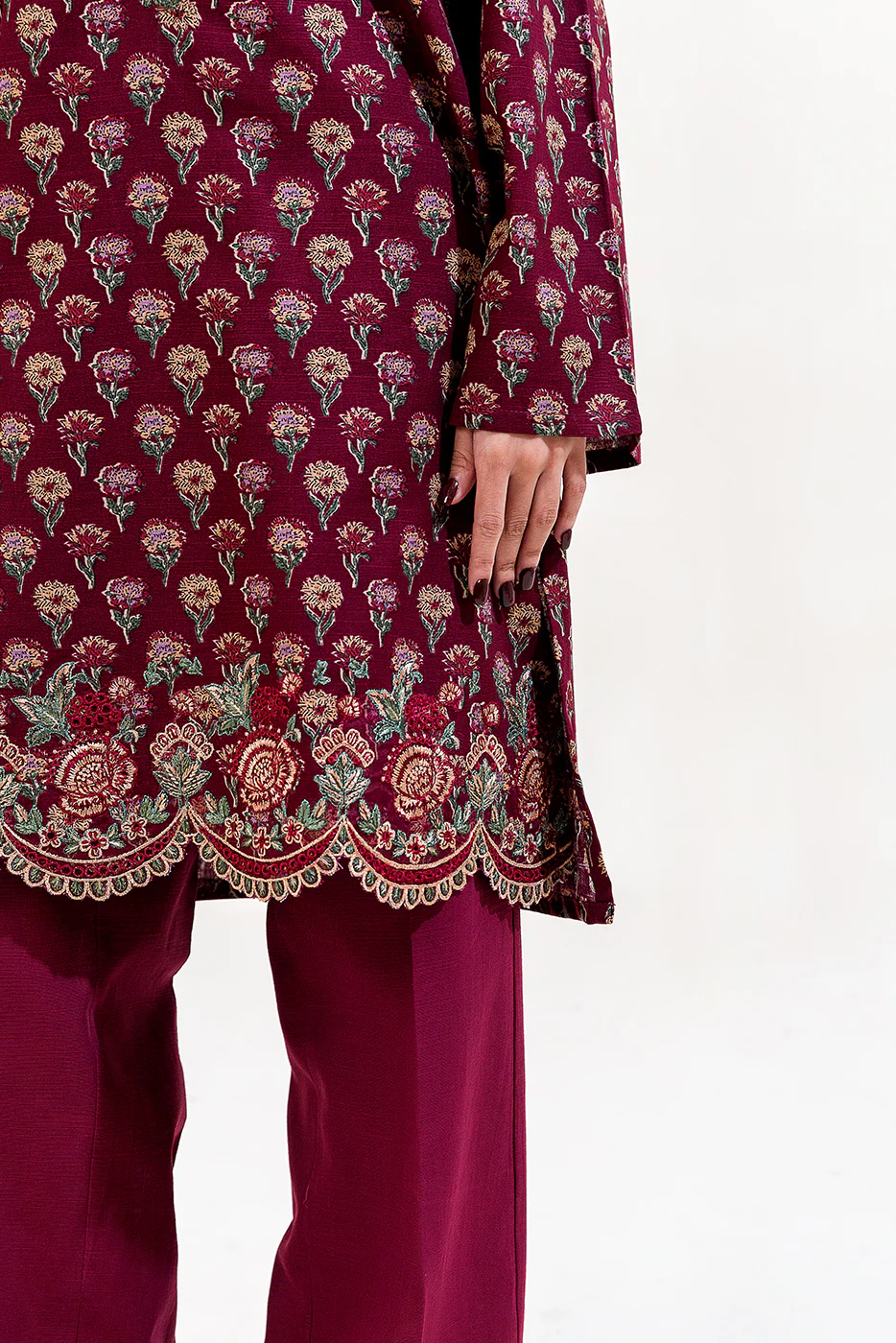 2 PIECE EMBROIDERED KHADDAR SUIT-MAROON BLOOM (UNSTITCHED) - Image 5