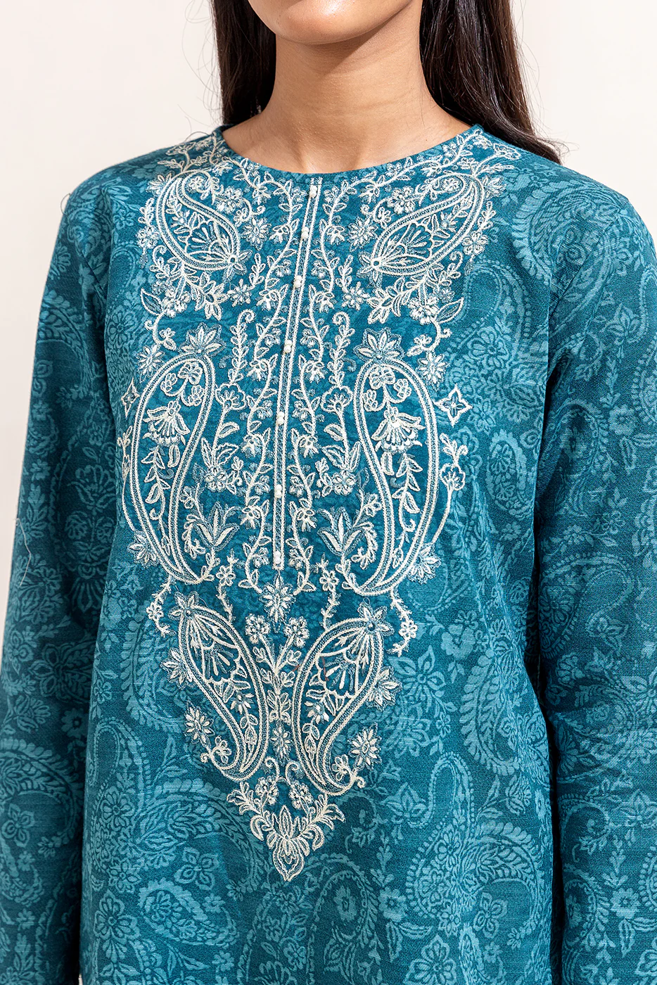 3 PIECE EMBROIDERED KHADDAR SUIT-TEAL GLAM (UNSTITCHED) - Image 3