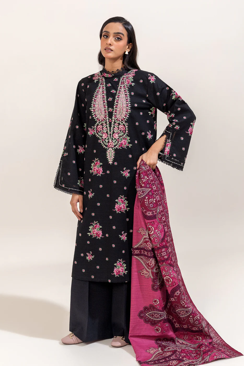 3 PIECE EMBROIDERED KHADDAR SUIT-EBONY ROSETTE (UNSTITCHED) - Image 3