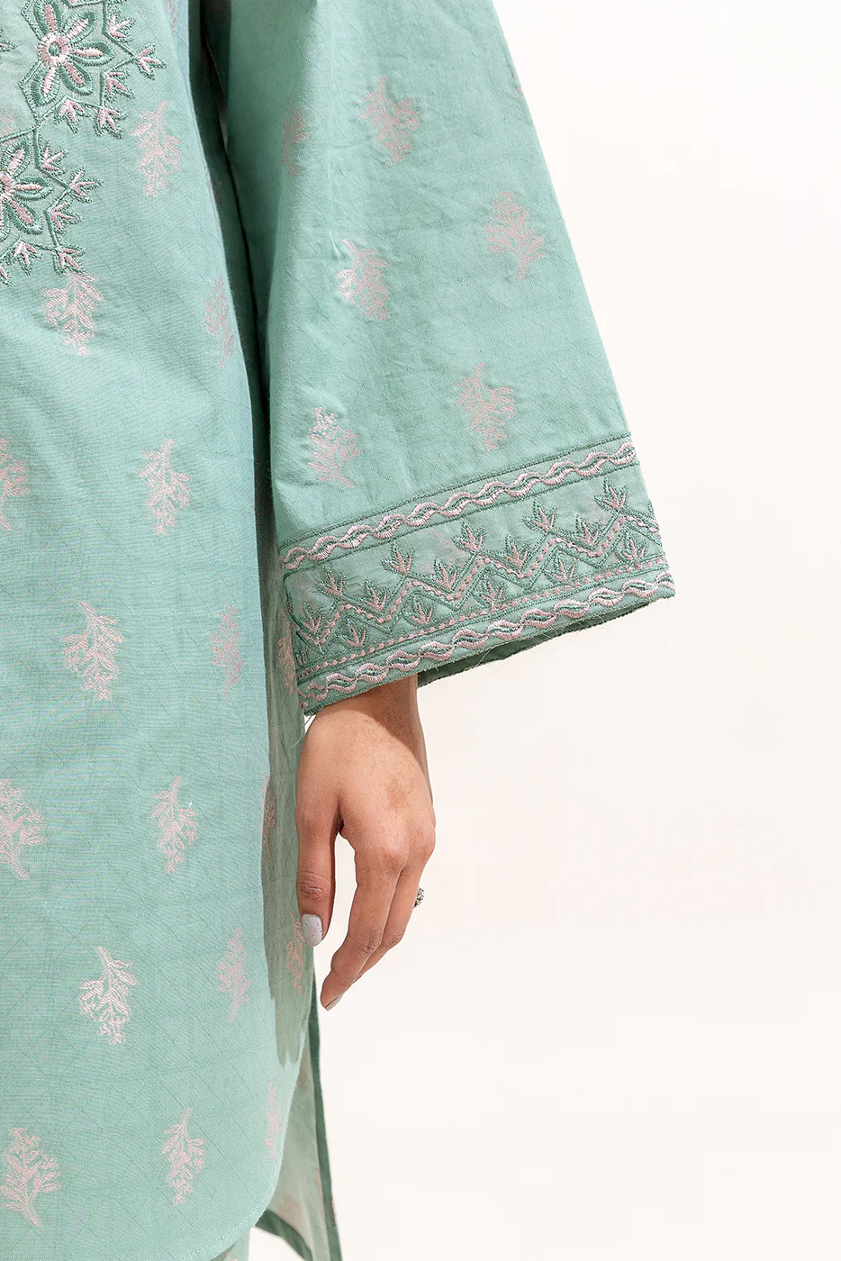 2 PIECE EMBROIDERED SELF JACQUARD SUIT-AQUA GLOOM (UNSTITCHED) - Image 5