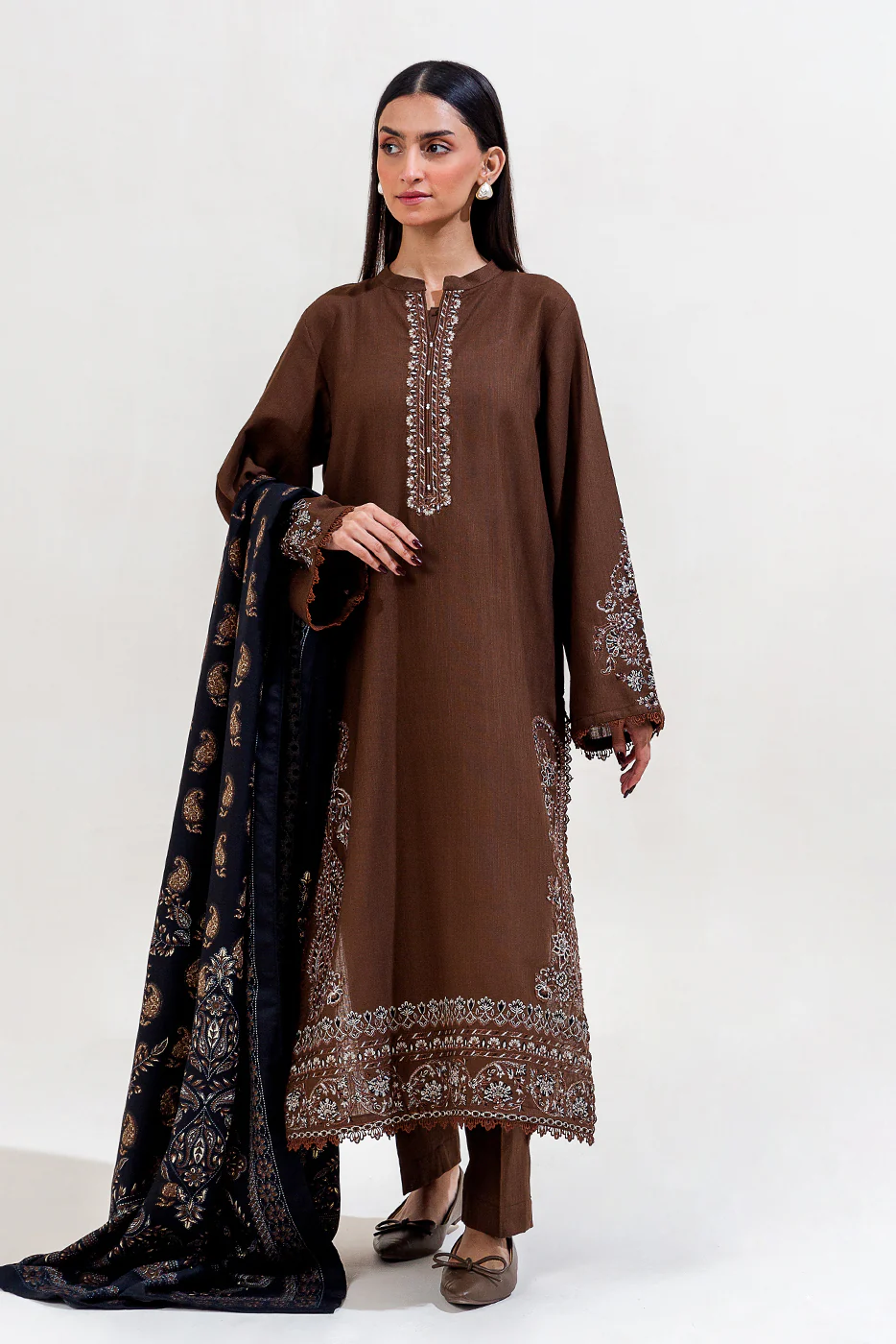 3 PIECE EMBROIDERED KHADDAR SUIT-MOCHA TRIBE (UNSTITCHED) - Image 3
