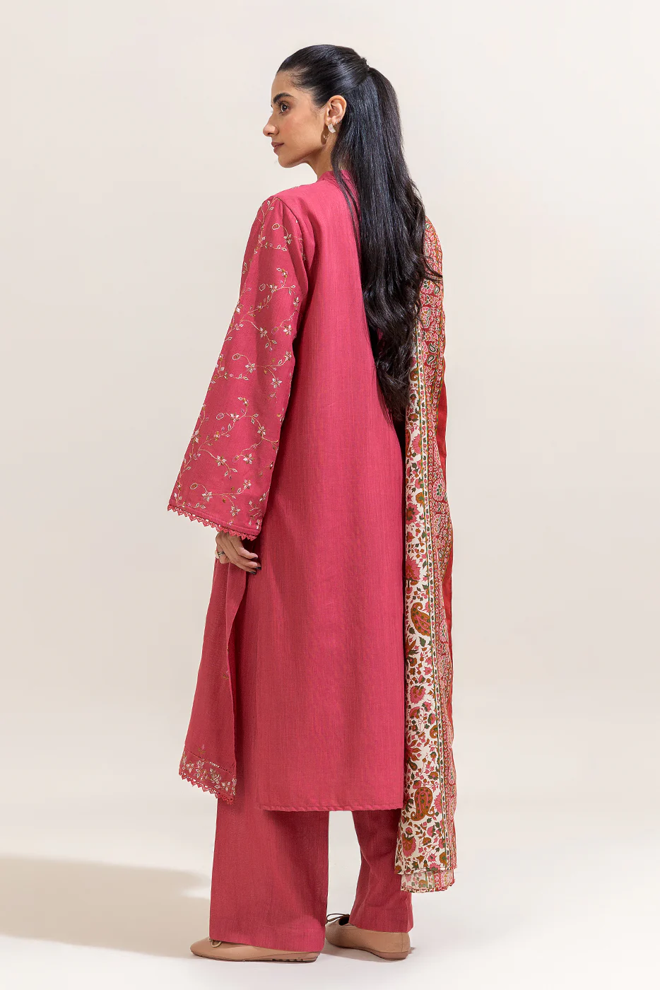 3 PIECE EMBROIDERED KHADDAR SUIT-SALMON BLISS (UNSTITCHED) - Image 4