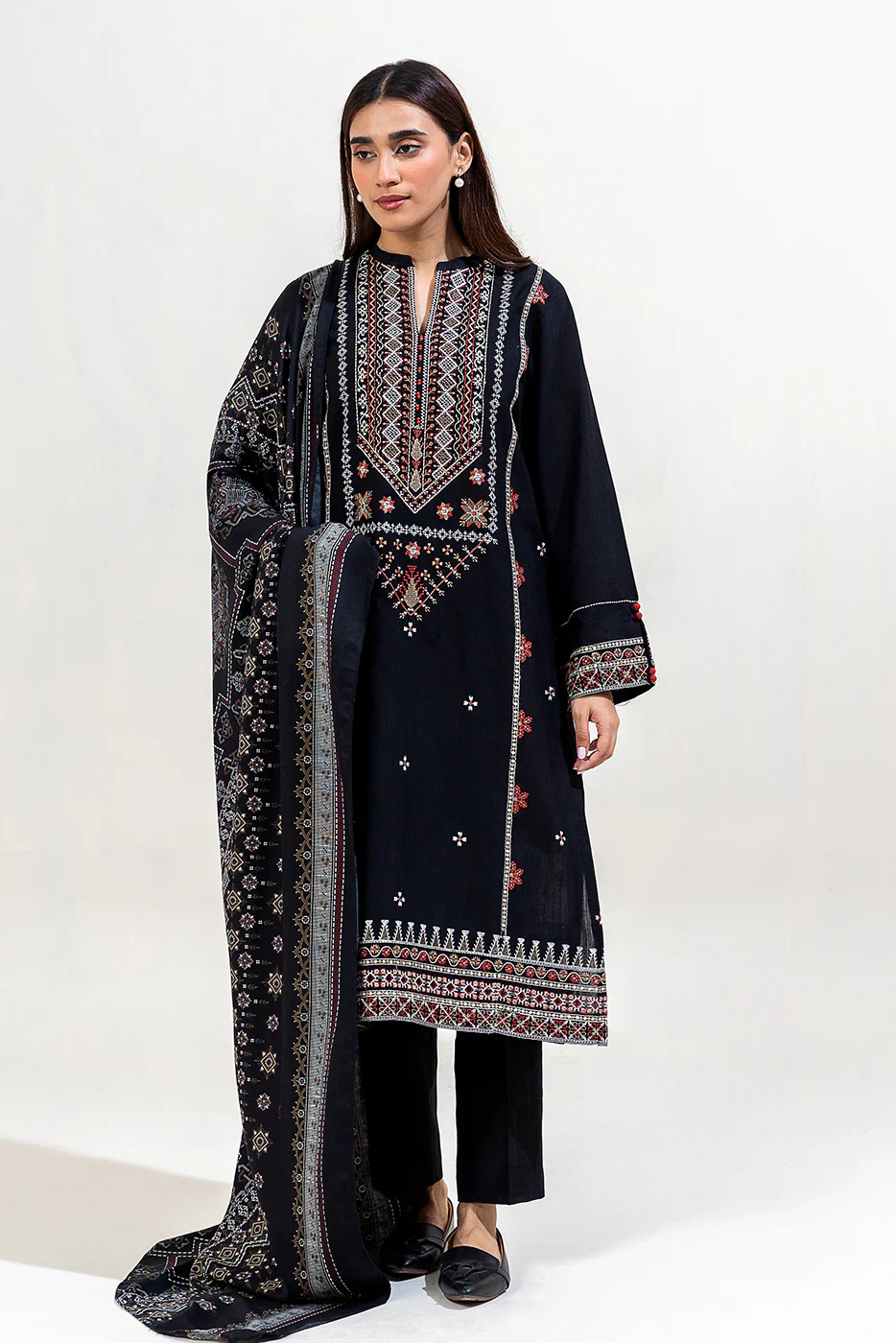 3 PIECE EMBROIDERED KHADDAR SUIT-EBONY TRIBE (UNSTITCHED) - Image 2