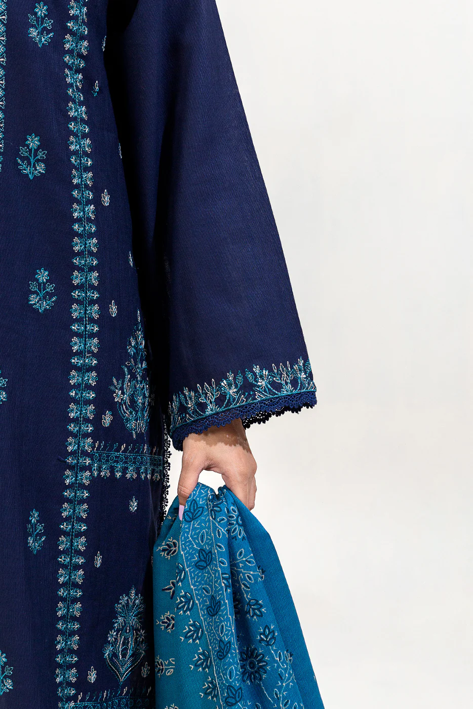 3 PIECE EMBROIDERED KHADDAR SUIT-INTRICATE NAVY (UNSTITCHED) - Image 5
