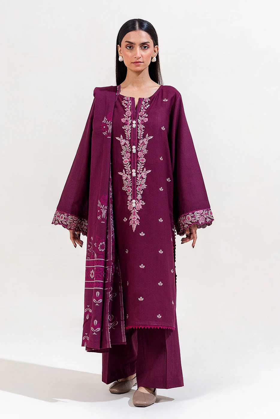 3 PIECE EMBROIDERED KHADDAR SUIT-BERRY MUSE (UNSTITCHED) - Image 2