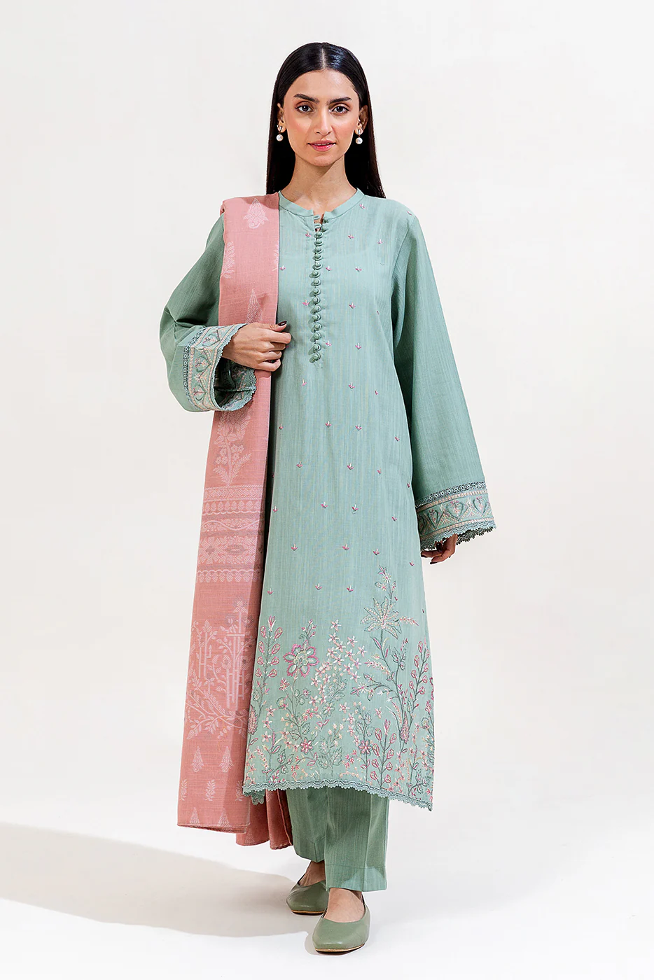 3 PIECE EMBROIDERED KHADDAR SUIT-MINT AURA (UNSTITCHED) - Image 2