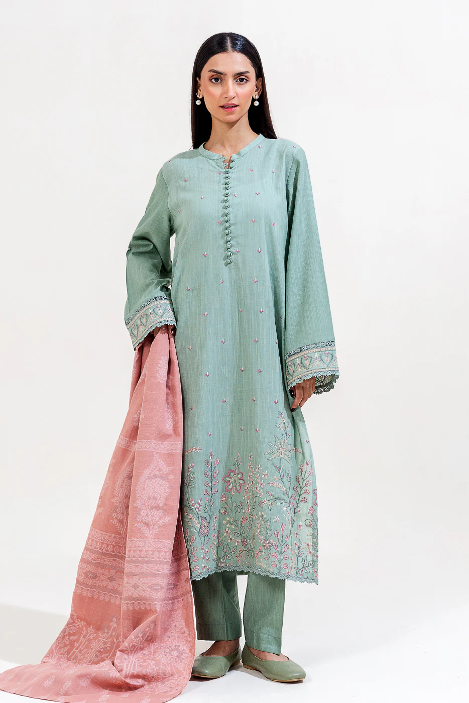 3 PIECE EMBROIDERED KHADDAR SUIT-MINT AURA (UNSTITCHED) - Image 3