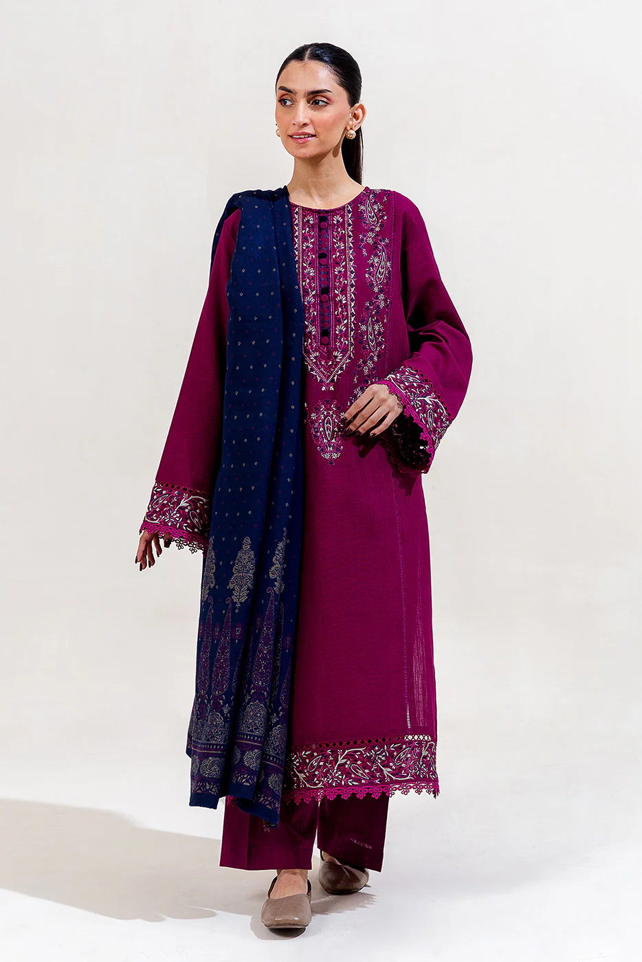 3 PIECE EMBROIDERED KHADDAR SUIT-MULBERRY ORCHID (UNSTITCHED) - Image 2