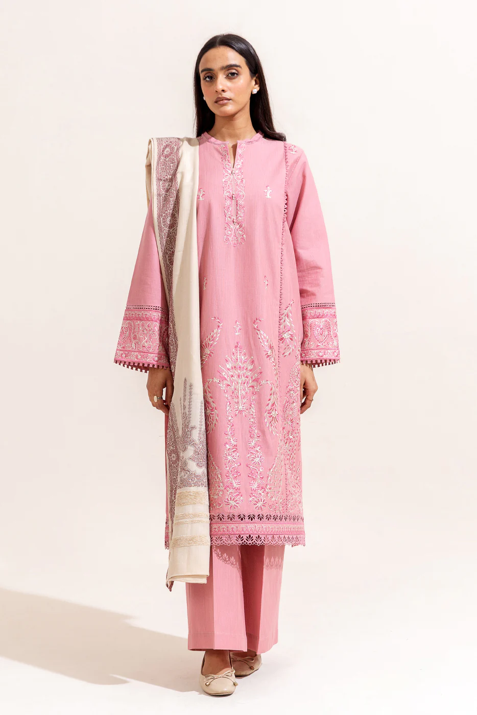 3 PIECE EMBROIDERED KHADDAR SUIT-IMPERIAL PINK (UNSTITCHED) - Image 3