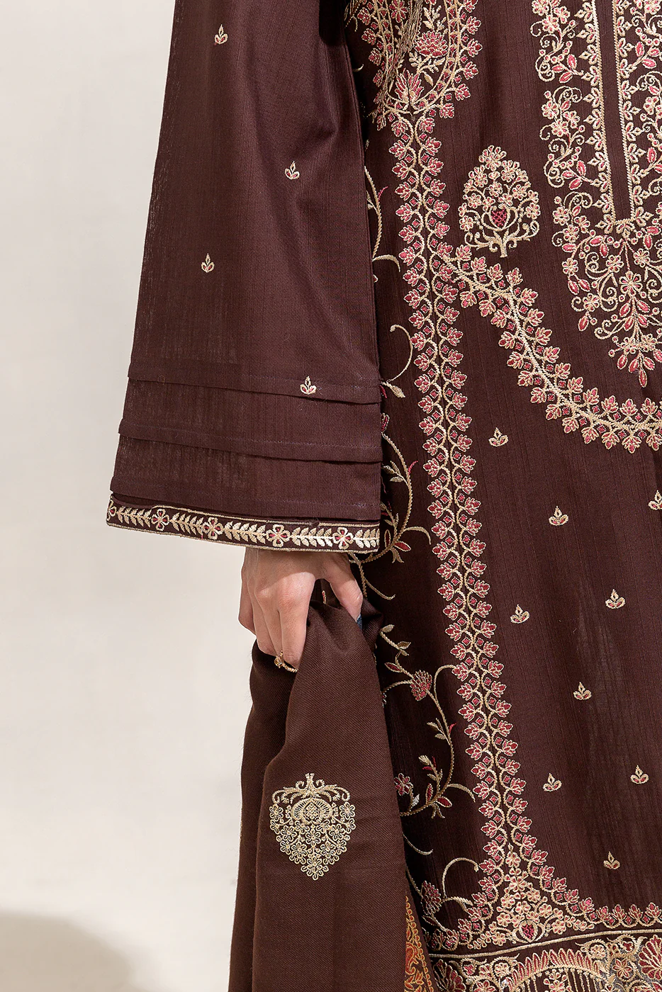 3 PIECE EMBROIDERED KHADDAR SUIT-CEDAR TAN (UNSTITCHED) - Image 3