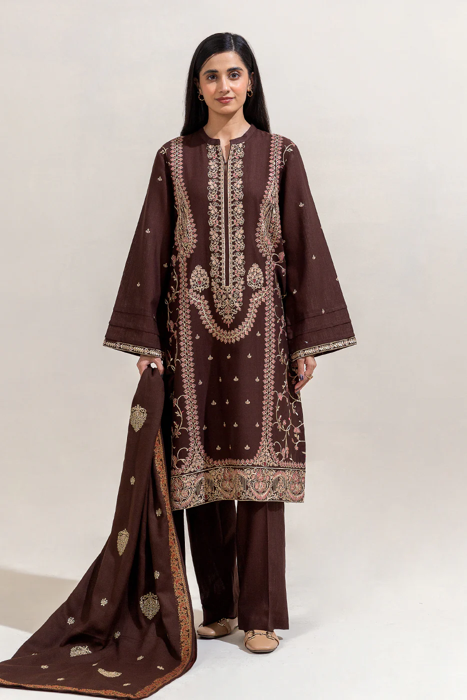 3 PIECE EMBROIDERED KHADDAR SUIT-CEDAR TAN (UNSTITCHED) - Image 4