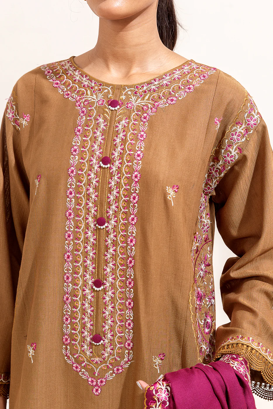 3 PIECE EMBROIDERED KHADDAR SUIT-RUSTIC HUE (UNSTITCHED) - Image 2