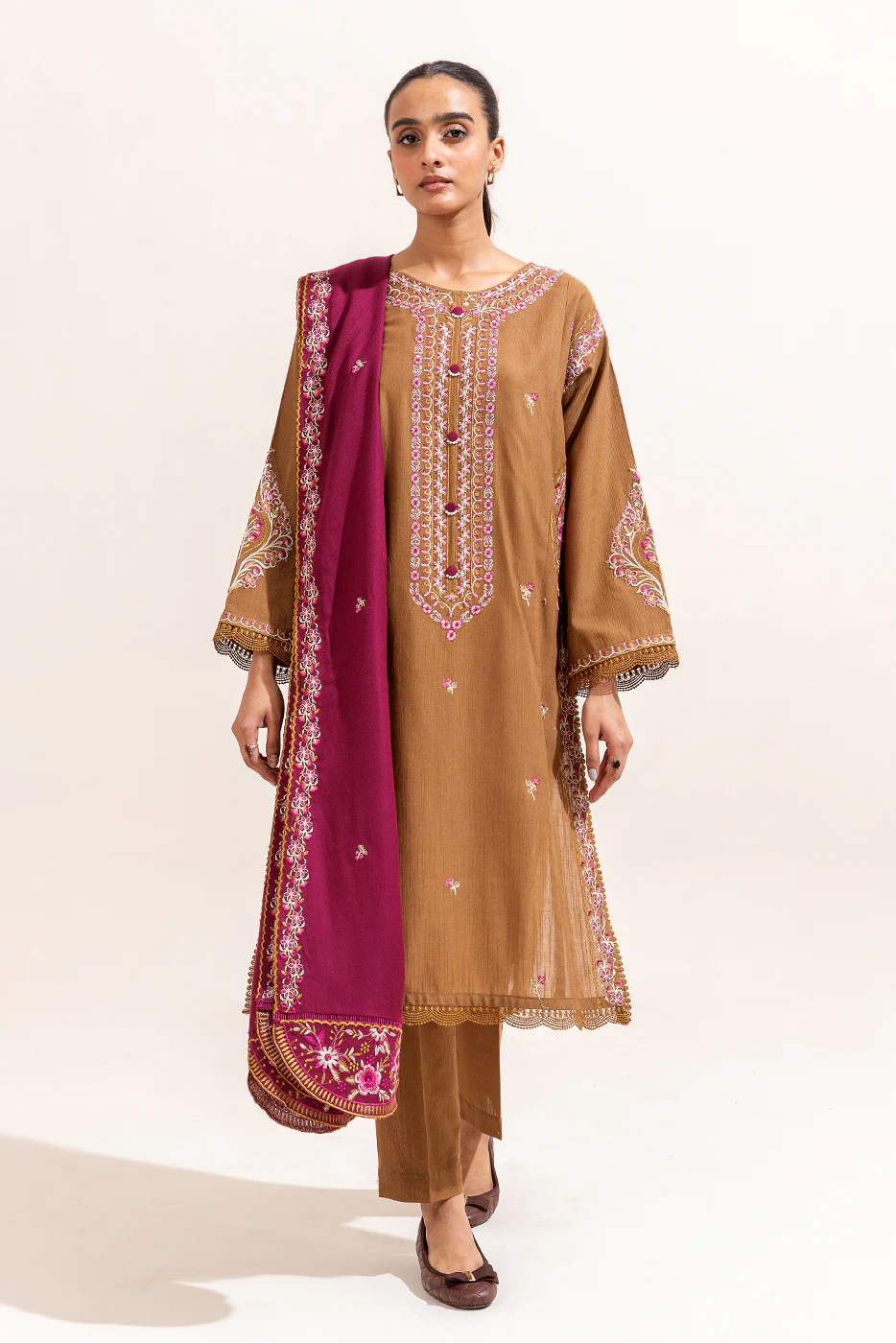 3 PIECE EMBROIDERED KHADDAR SUIT-RUSTIC HUE (UNSTITCHED) - Image 4
