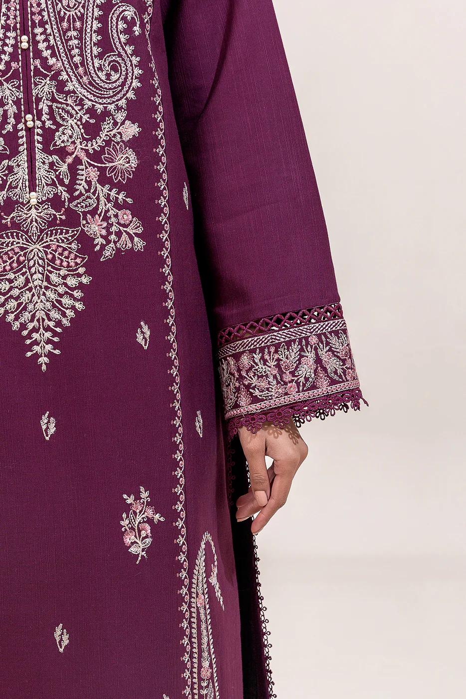 2 PIECE EMBROIDERED KHADDAR SUIT-RAISIN BLISS (UNSTITCHED) - Image 5