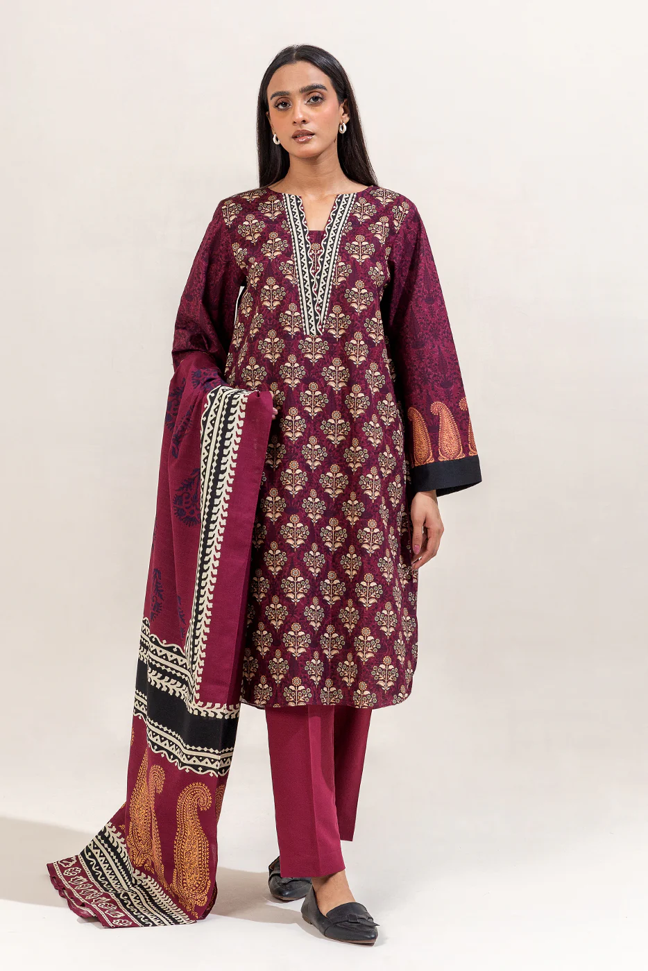 3 PIECE PRINTED KHADDAR SUIT-DEEP BERRY (UNSTITCHED) - Image 3
