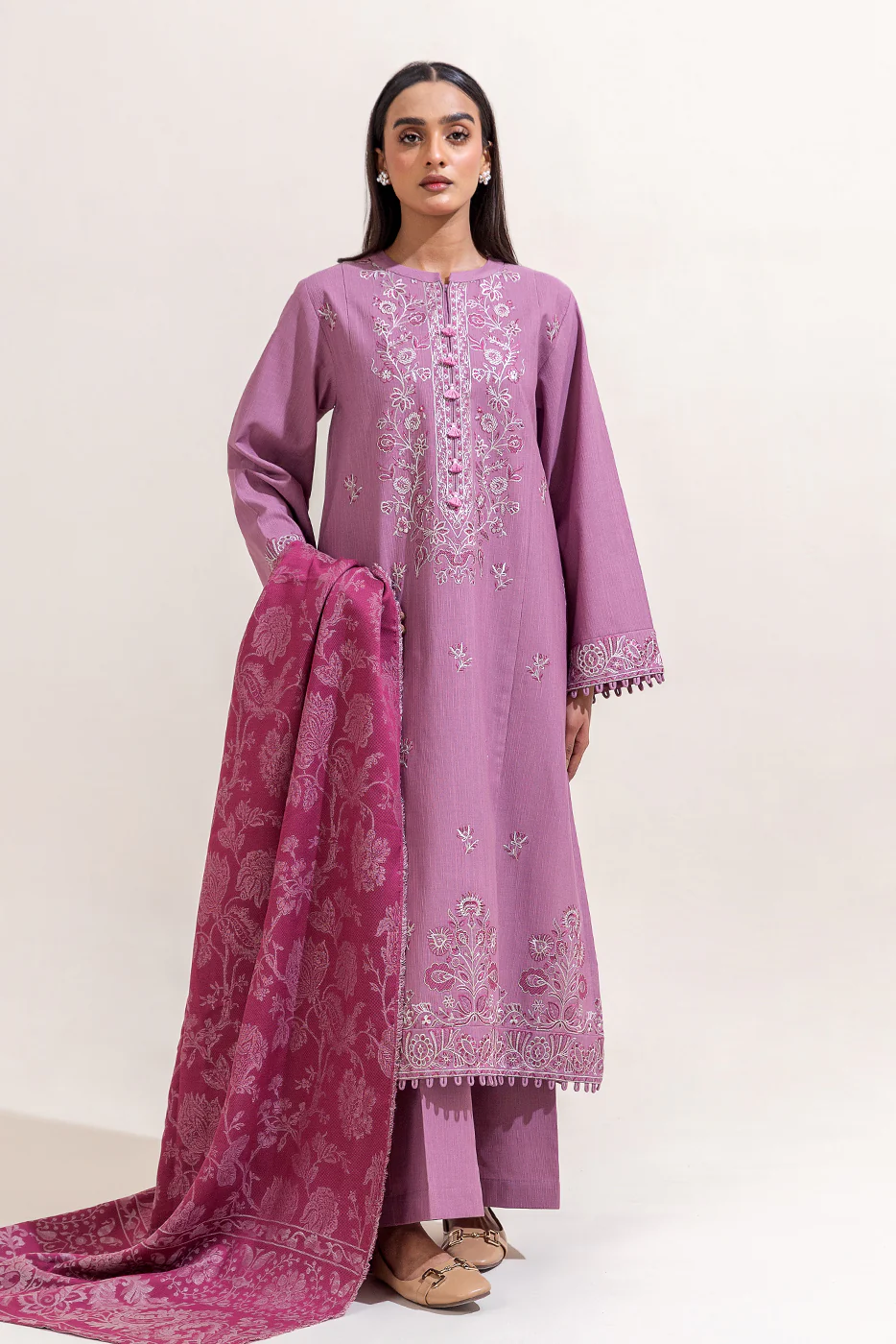 3 PIECE EMBROIDERED KHADDAR SUIT-BLEACHED MAUVE (UNSTITCHED) - Image 3