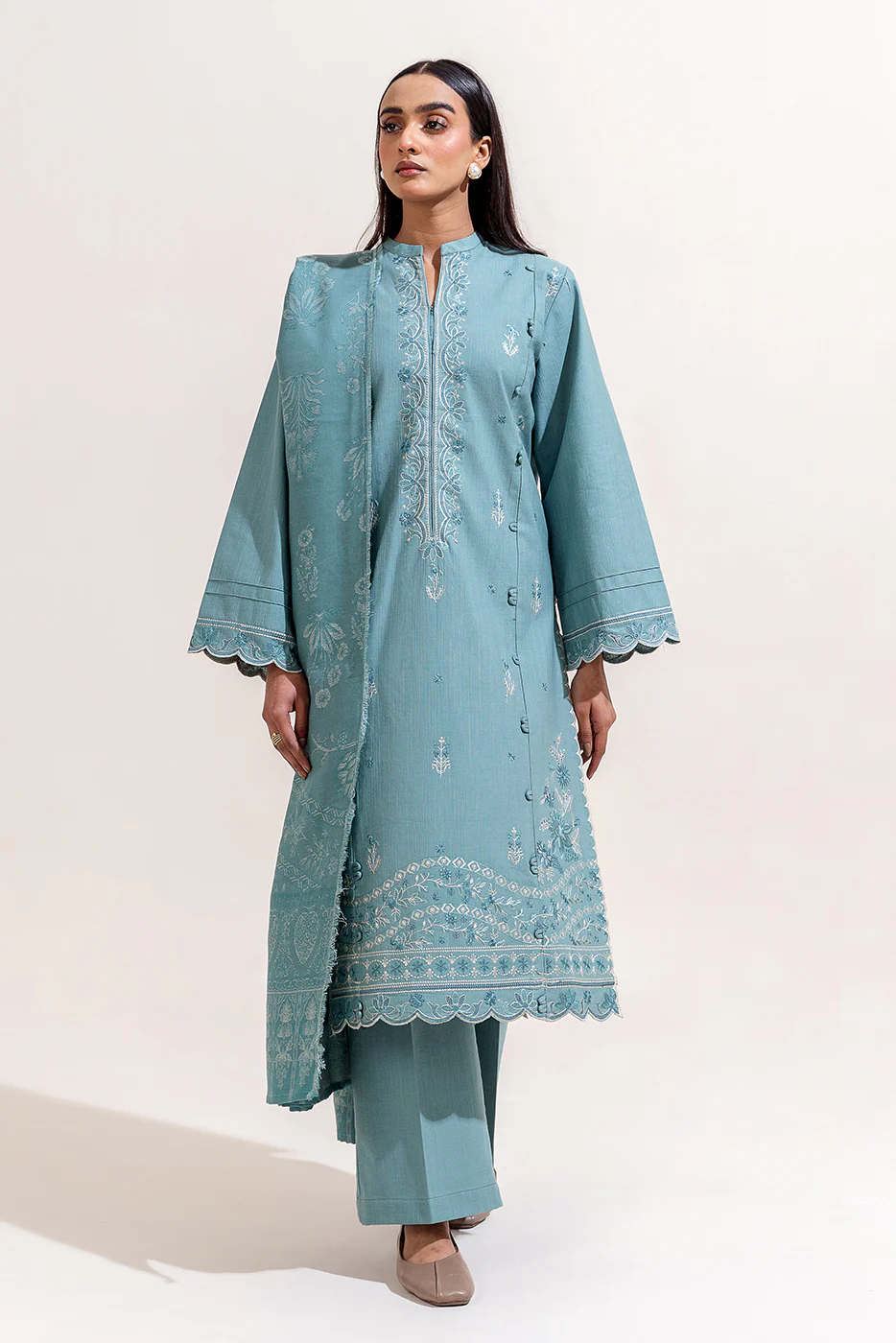 3 PIECE EMBROIDERED KHADDAR SUIT-SILT GREEN (UNSTITCHED) - Image 2