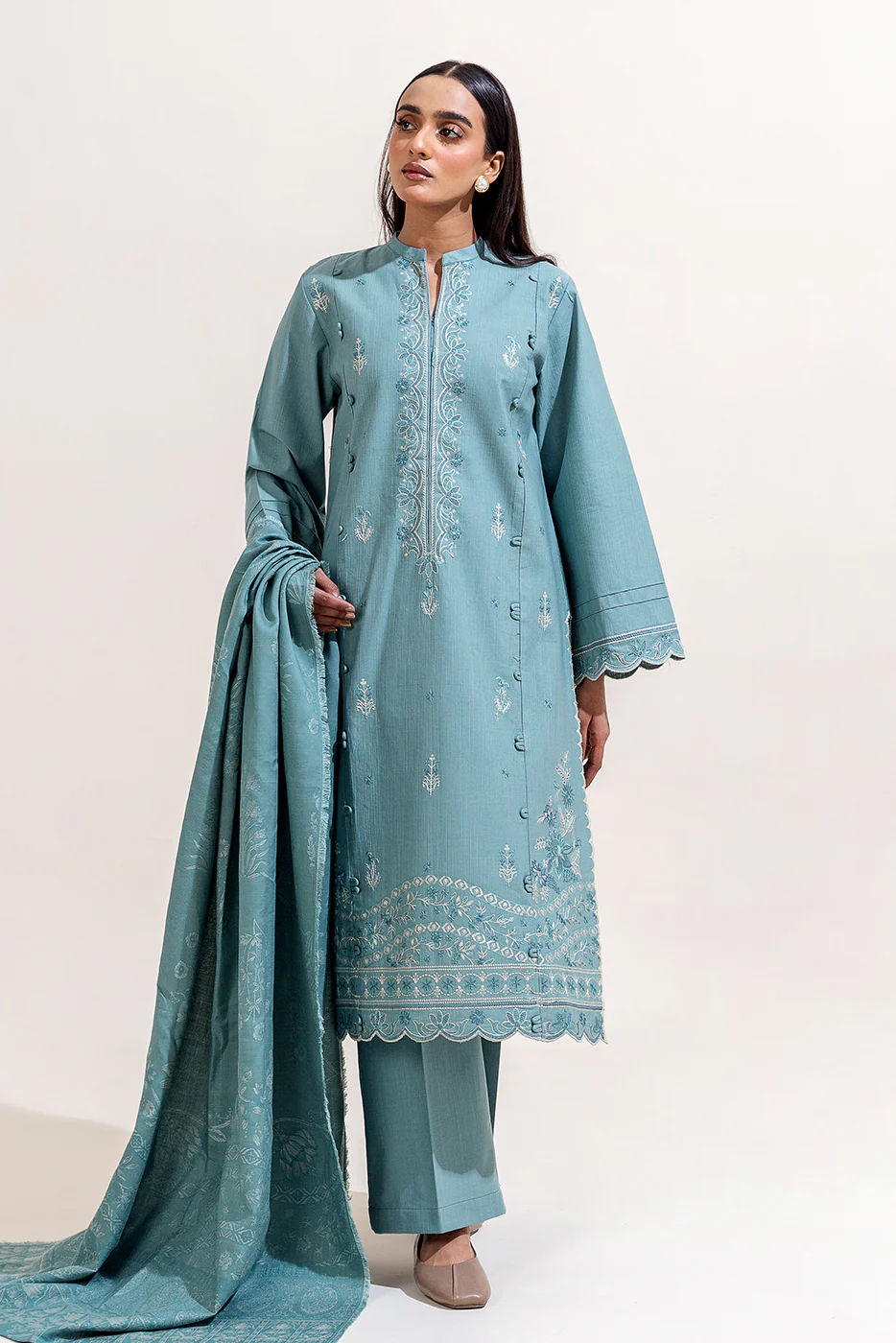 3 PIECE EMBROIDERED KHADDAR SUIT-SILT GREEN (UNSTITCHED) - Image 3