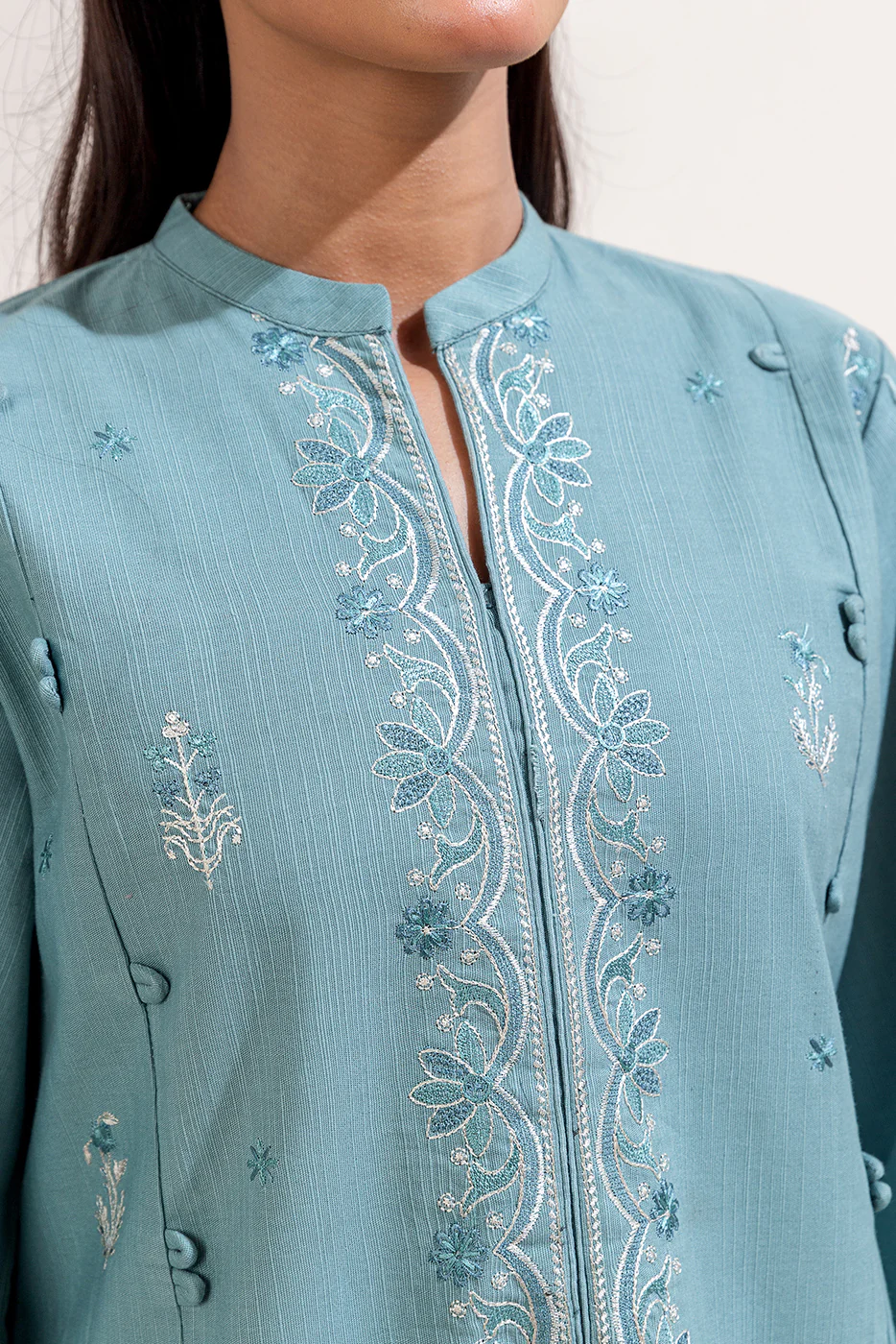3 PIECE EMBROIDERED KHADDAR SUIT-SILT GREEN (UNSTITCHED) - Image 5