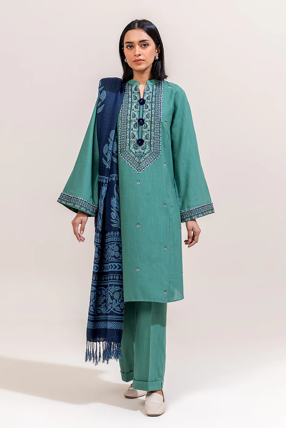 3 PIECE EMBROIDERED KHADDAR SUIT-TURKISH BLUE (UNSTITCHED) - Image 2
