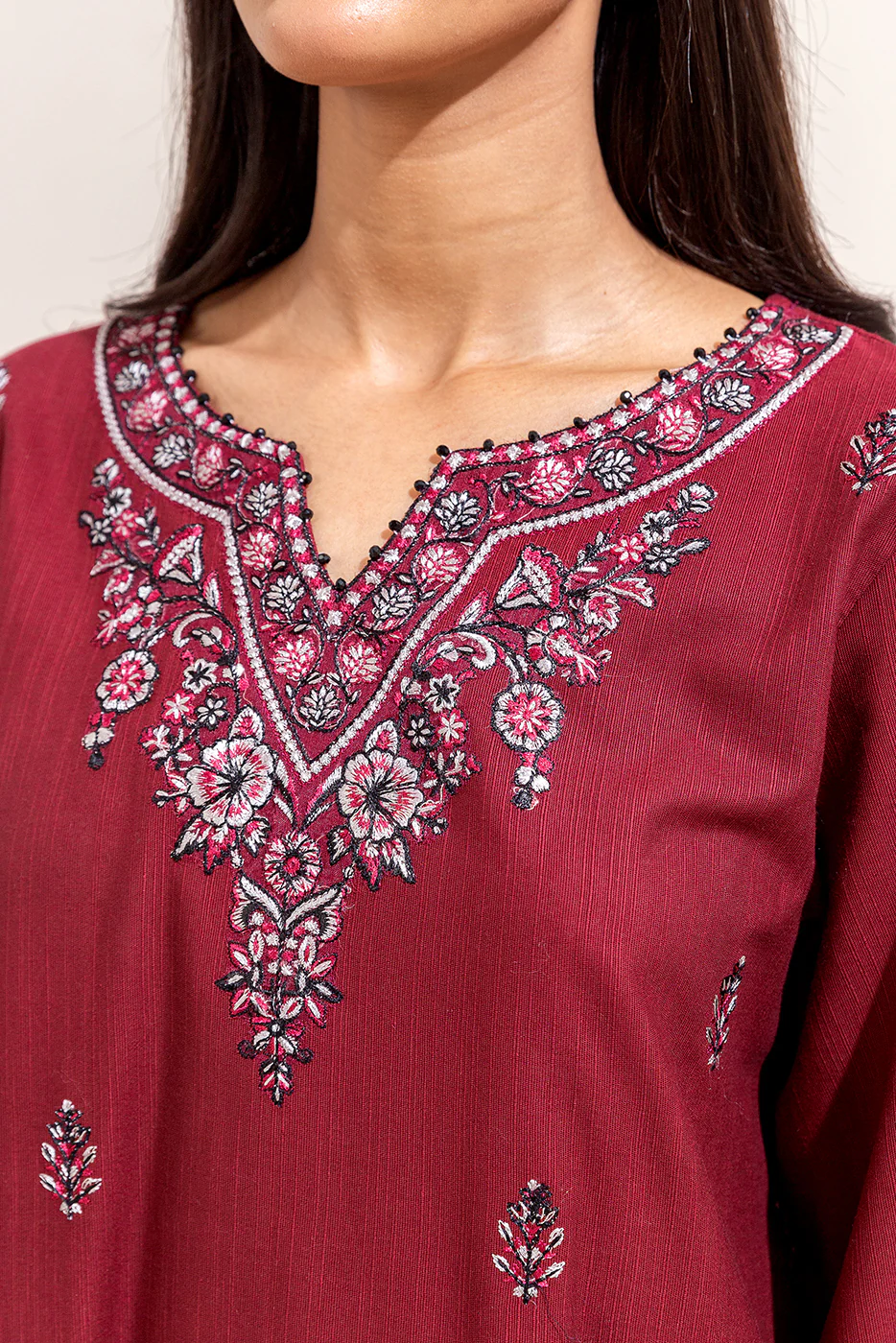 3 PIECE EMBROIDERED KHADDAR SUIT-GARNET WEFT (UNSTITCHED) - Image 2