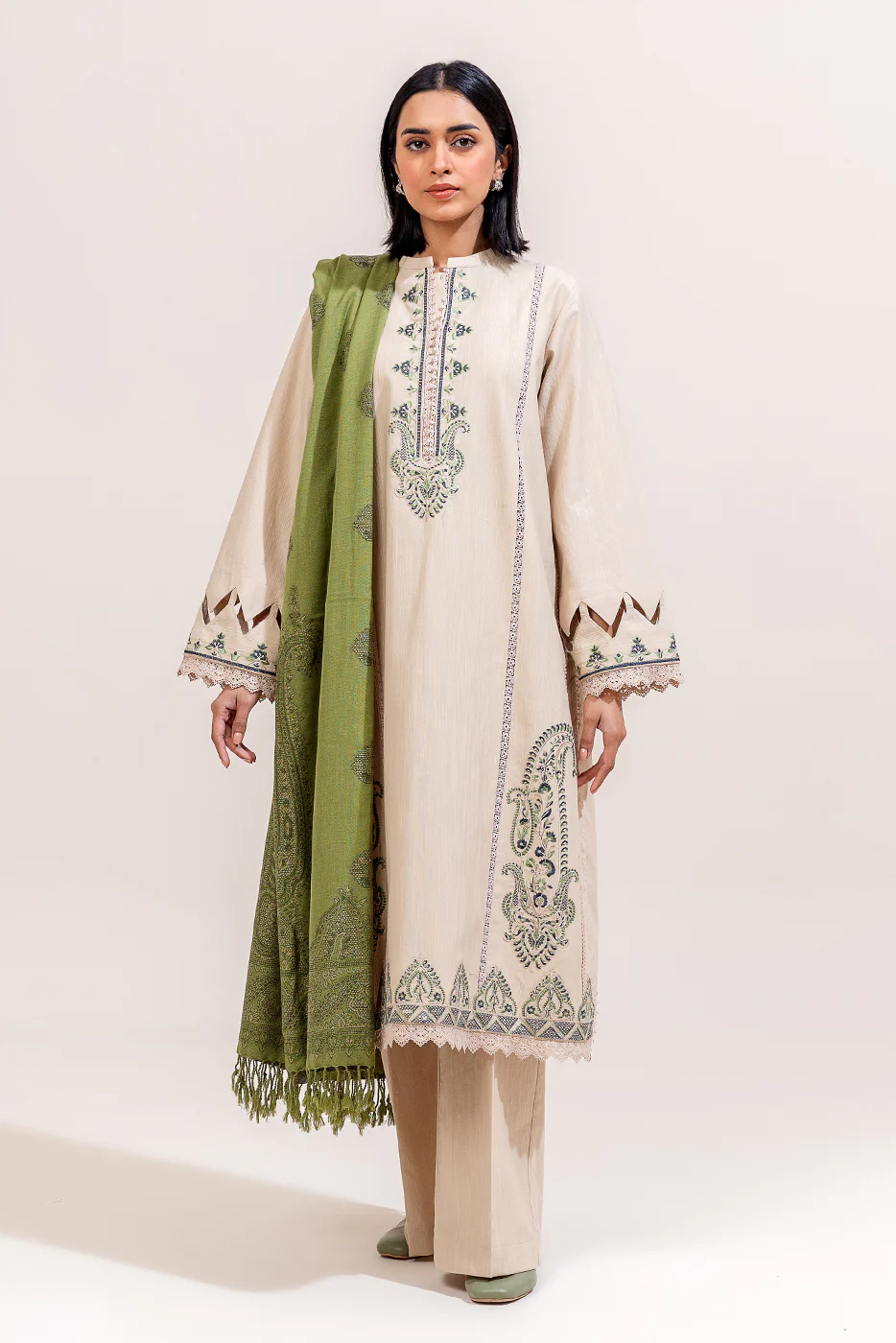 3 PIECE EMBROIDERED KHADDAR SUIT-MUTED TEAK (UNSTITCHED) - Image 2