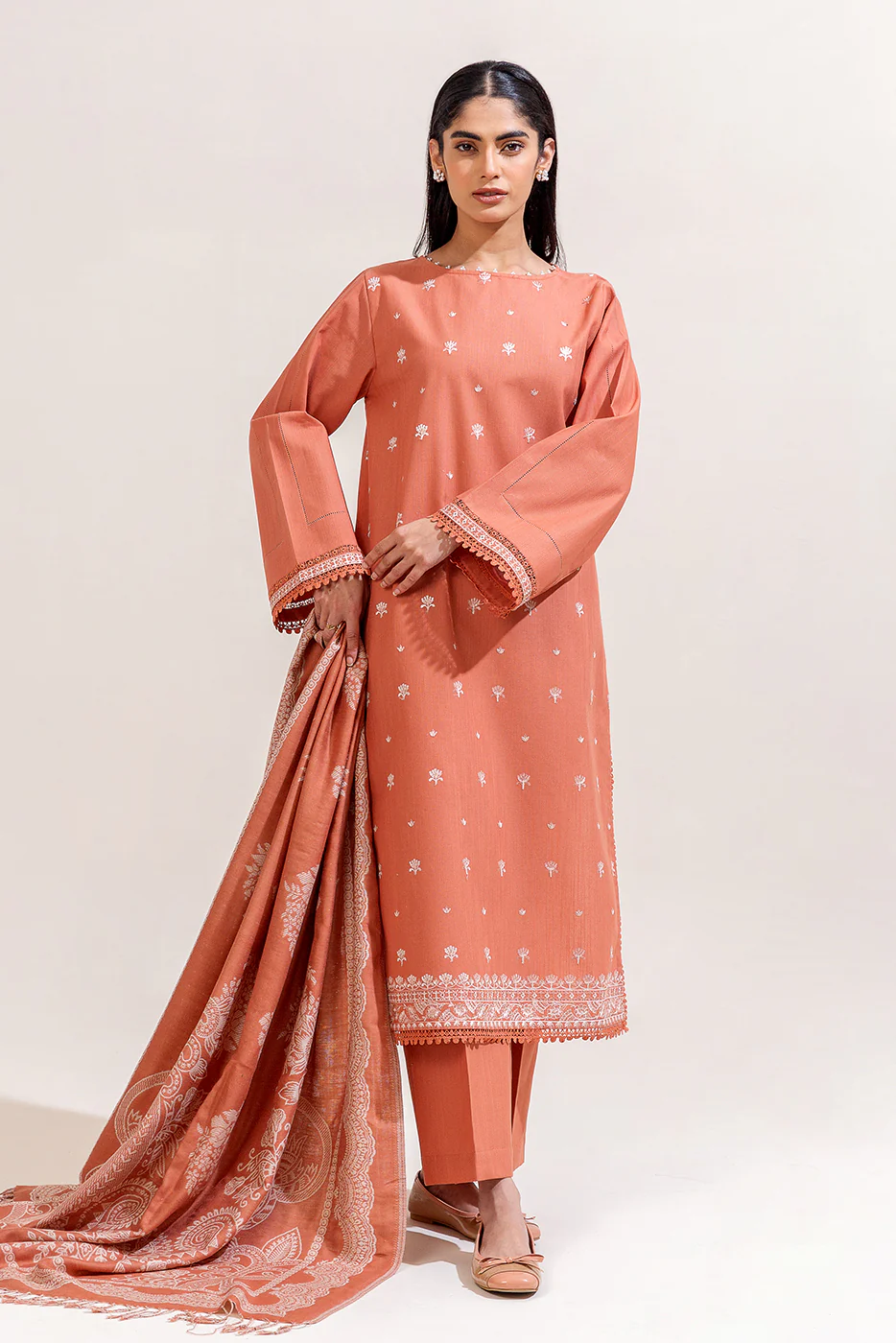 3 PIECE EMBROIDERED KHADDAR SUIT-PINK FLORA (UNSTITCHED) - Image 4