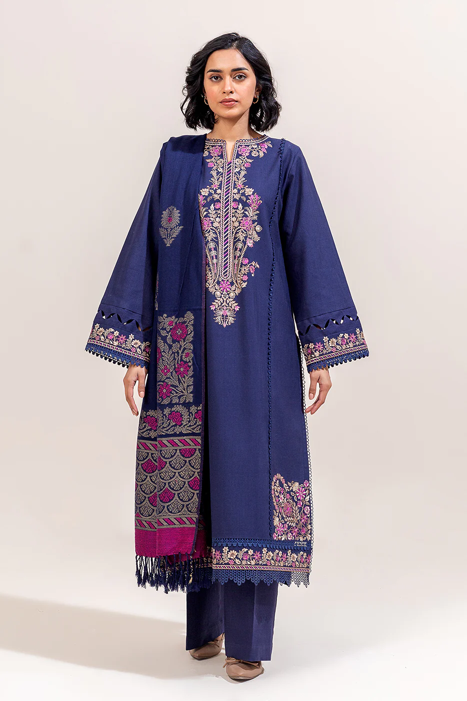 3 PIECE EMBROIDERED KHADDAR SUIT-MYSTIC BERRY (UNSTITCHED) - Image 2