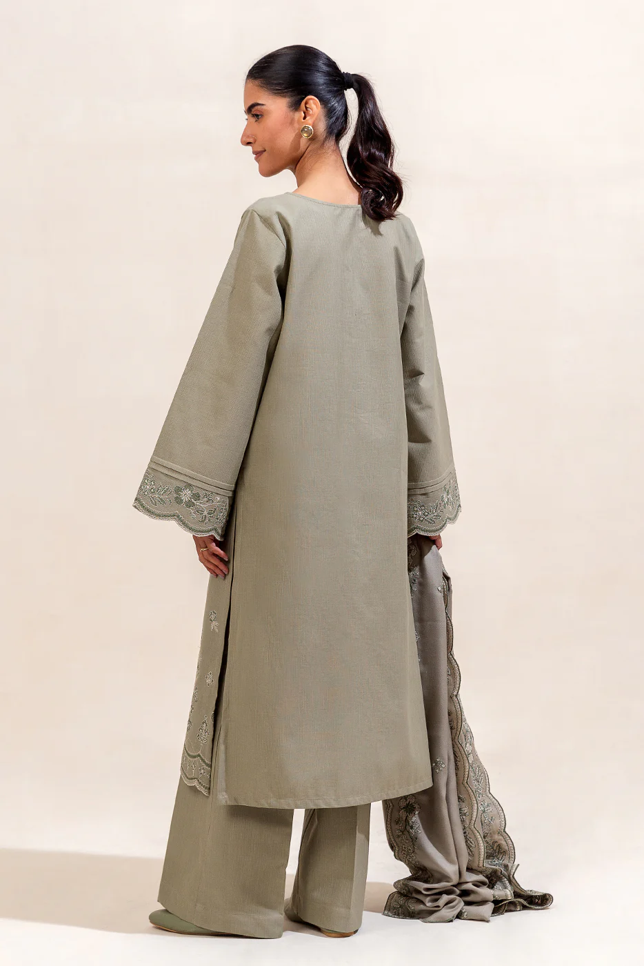 3 PIECE EMBROIDERED KHADDAR SUIT-OLIVE DESIRE (UNSTITCHED) - Image 4