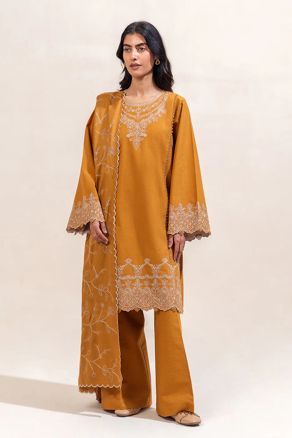 3 PIECE EMBROIDERED KHADDAR SUIT-MUSTARD TRIBE (UNSTITCHED) - Image 2