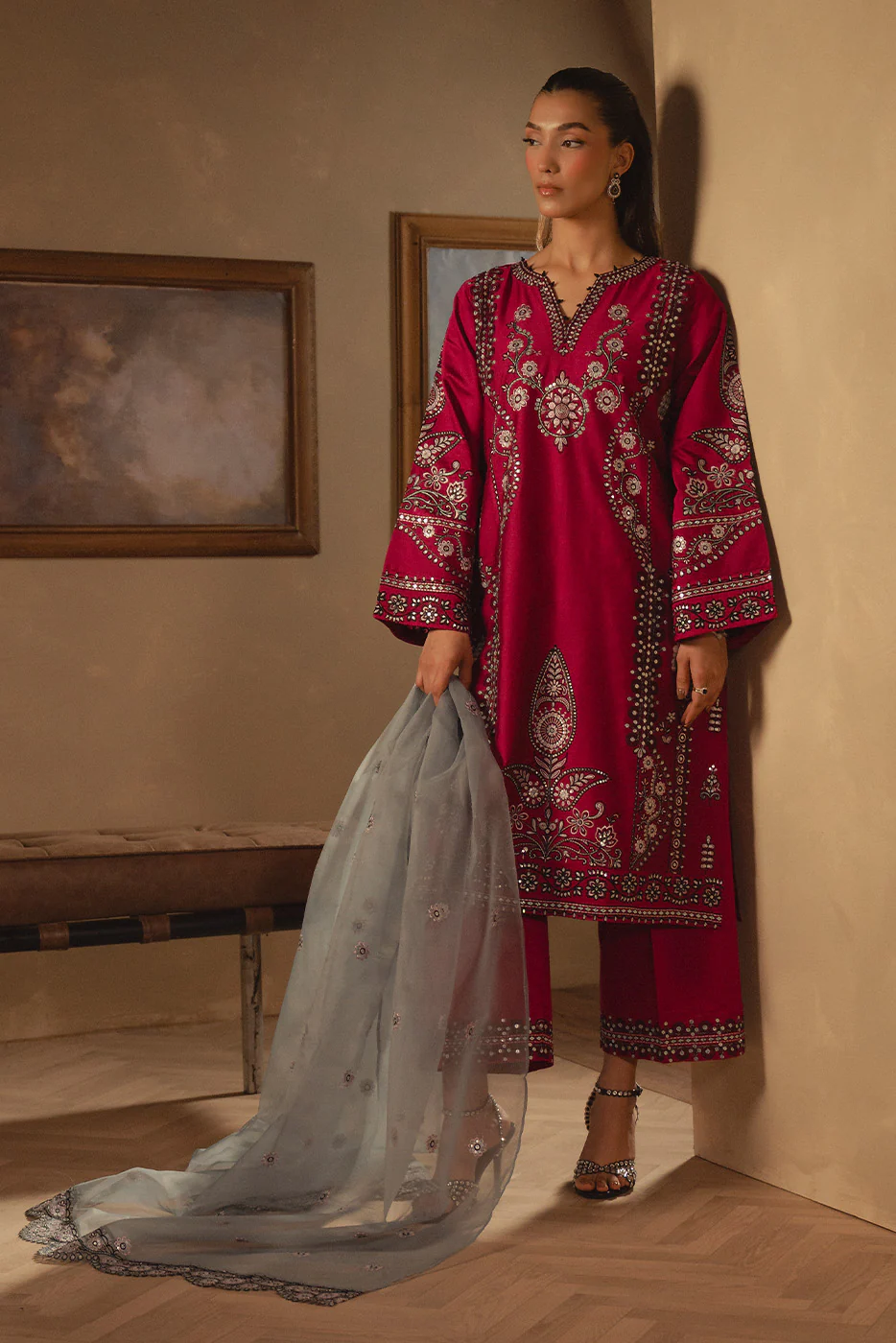 3 PIECE EMBROIDERED TWO TONE SUIT (LUXURY PRET) - Image 2