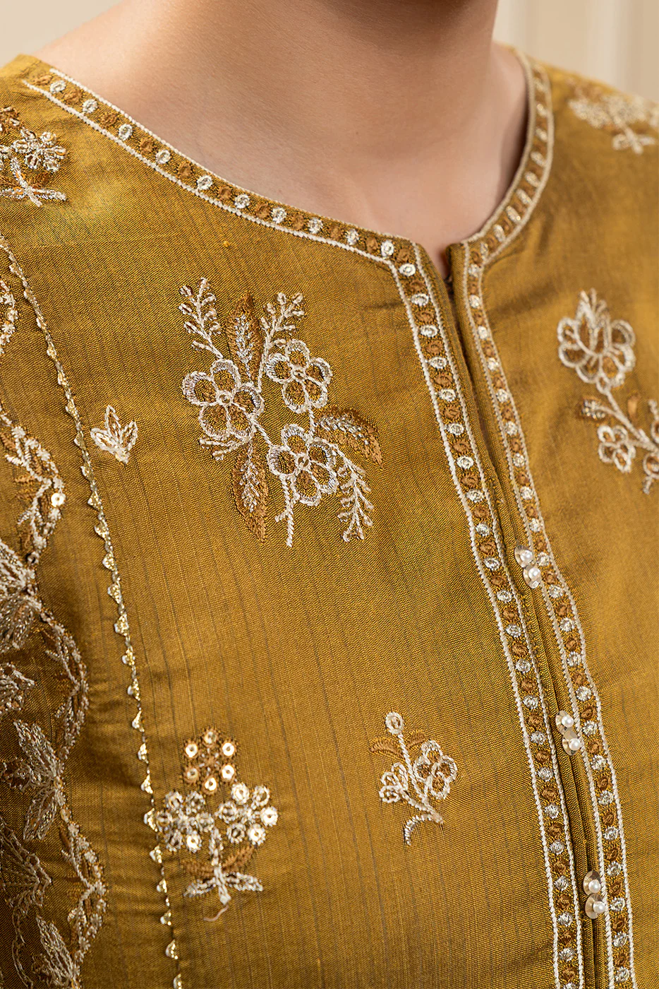 3 PIECE EMBROIDERED COTTON  RAW SILK SUIT-MUSTARD MEADOW (UNSTITCHED) - Image 3