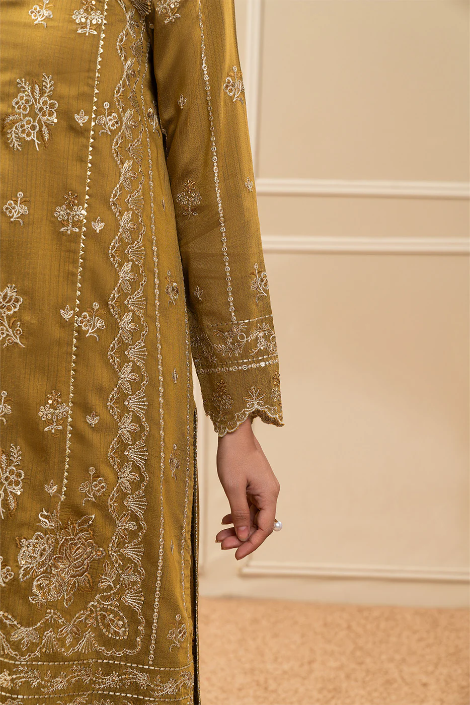 3 PIECE EMBROIDERED COTTON  RAW SILK SUIT-MUSTARD MEADOW (UNSTITCHED) - Image 4