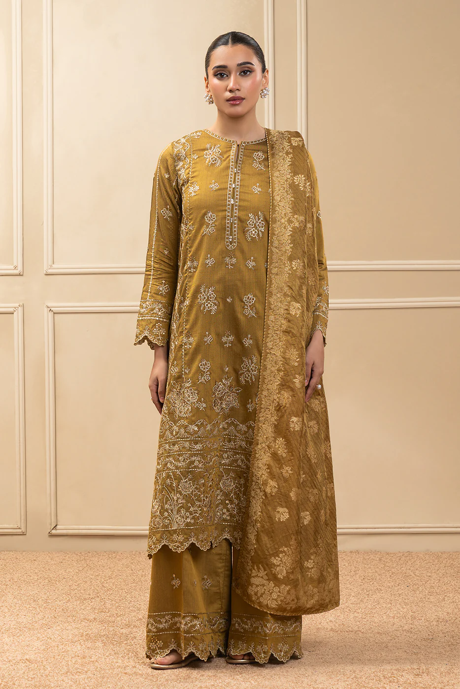 3 PIECE EMBROIDERED COTTON  RAW SILK SUIT-MUSTARD MEADOW (UNSTITCHED) - Image 5