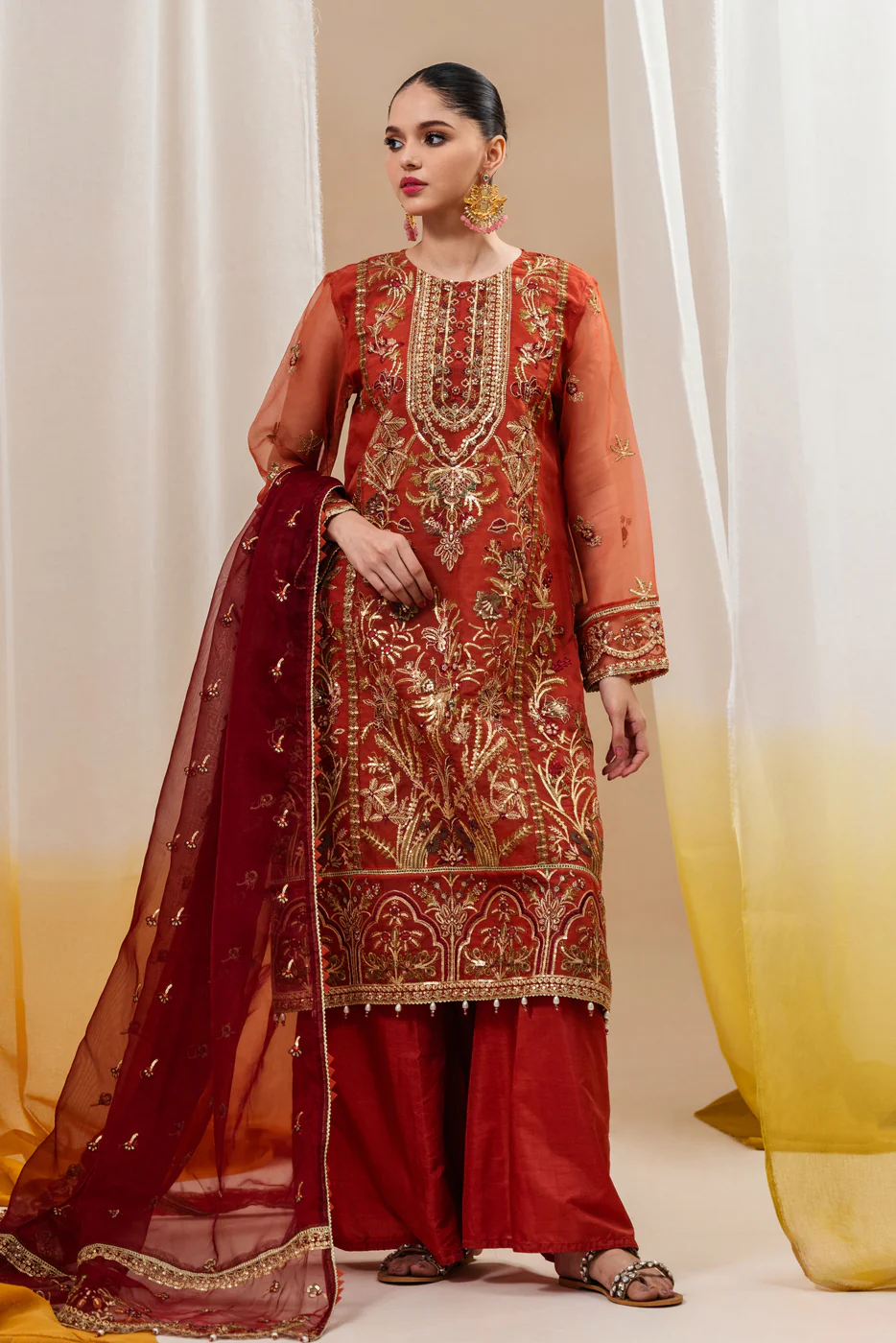 4 PIECE EMBROIDERED ORGANZA SUIT-TANGERINE ROUGE (UNSTITCHED) - Image 2