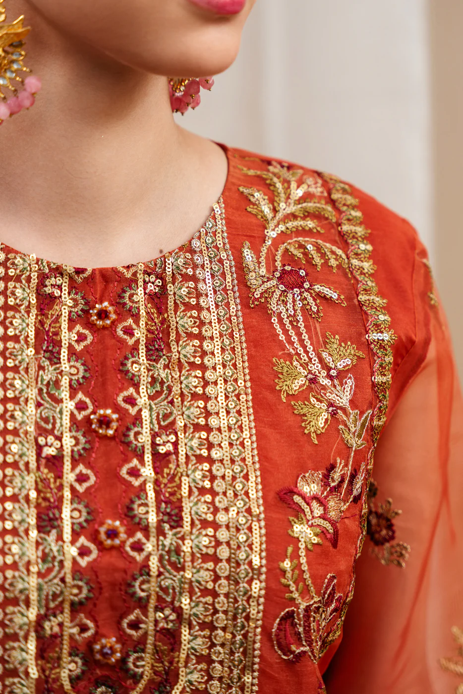 4 PIECE EMBROIDERED ORGANZA SUIT-TANGERINE ROUGE (UNSTITCHED) - Image 4