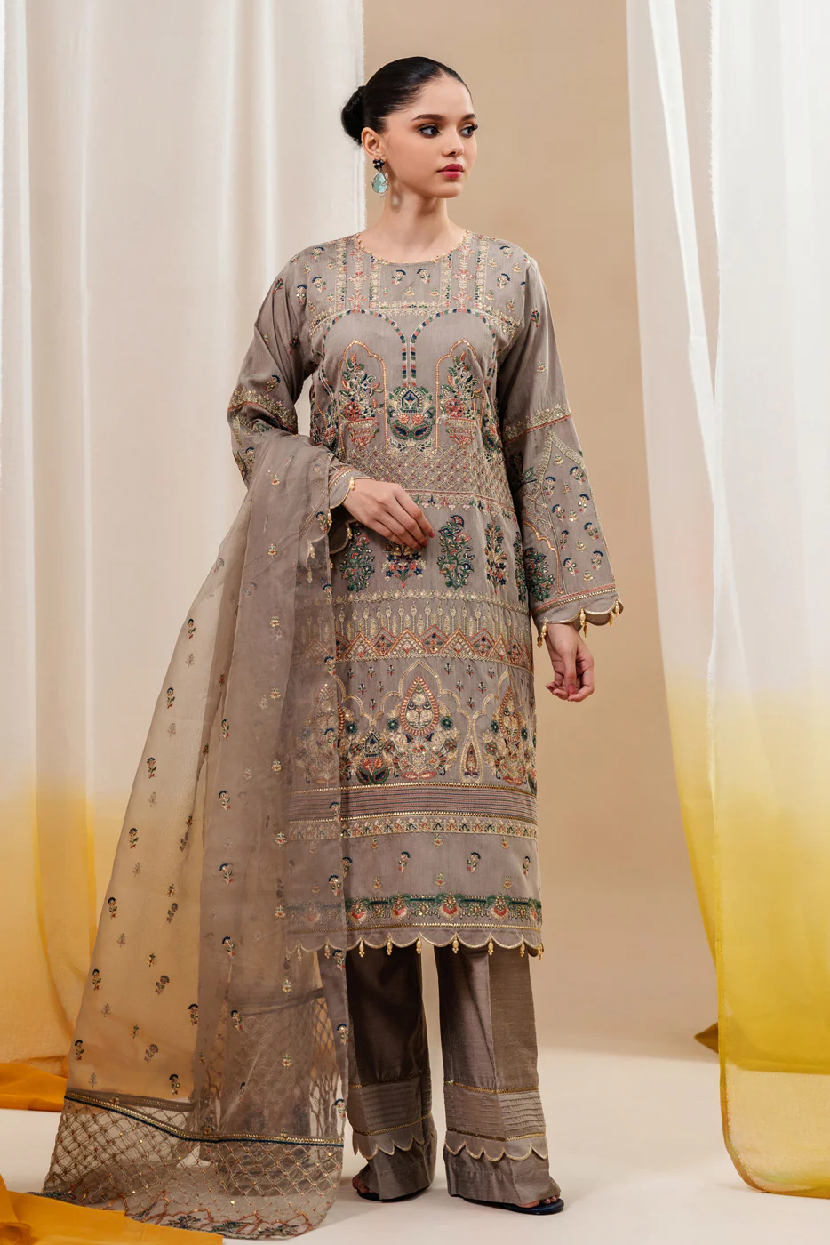 3 PIECE EMBROIDERED TWO TONE SUIT-STAR DUST (UNSTITCHED) - Image 2