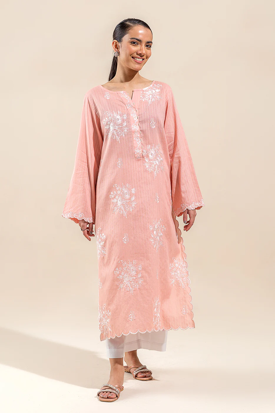 1 PIECE EMBROIDERED LENO KARRA SHIRT-SALMON MUSE(UNSTITCHED) - Image 2