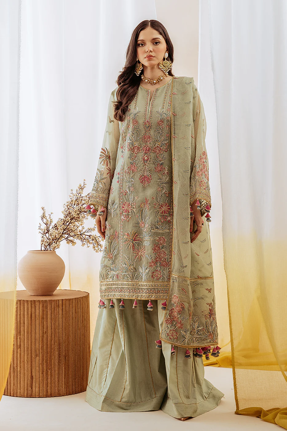 4 PIECE EMBROIDERED ORGANZA NET SUIT-GARLAND GLOW (UNSTITCHED) - Image 2