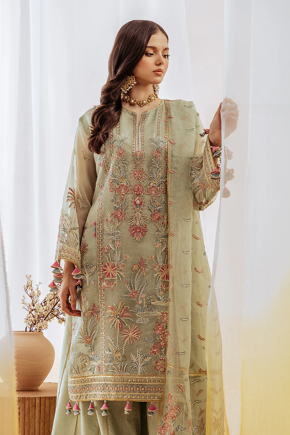 4 PIECE EMBROIDERED ORGANZA NET SUIT-GARLAND GLOW (UNSTITCHED) - Image 3