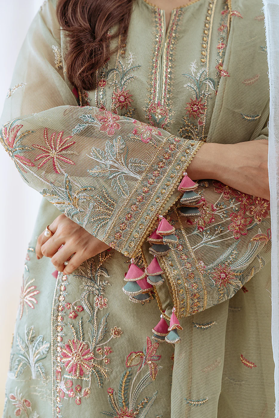 4 PIECE EMBROIDERED ORGANZA NET SUIT-GARLAND GLOW (UNSTITCHED) - Image 4