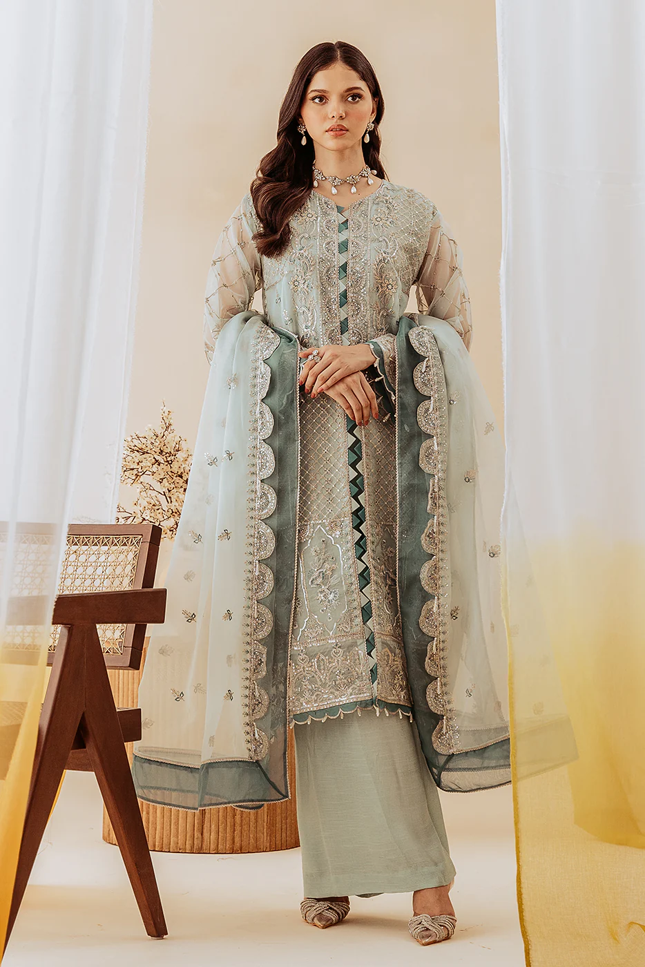 4 PIECE EMBROIDERED ORGANZA SUIT-MINT SPRING (UNSTITCHED) - Image 5