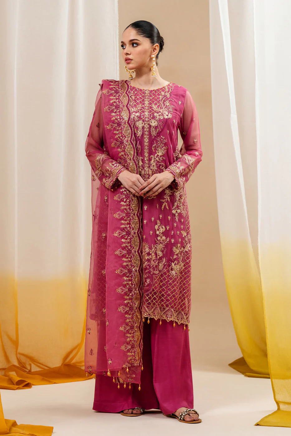 4 PIECE EMBROIDERED ORGANZA NET SUIT-FUCHSIA FANTASY (UNSTITCHED) - Image 2