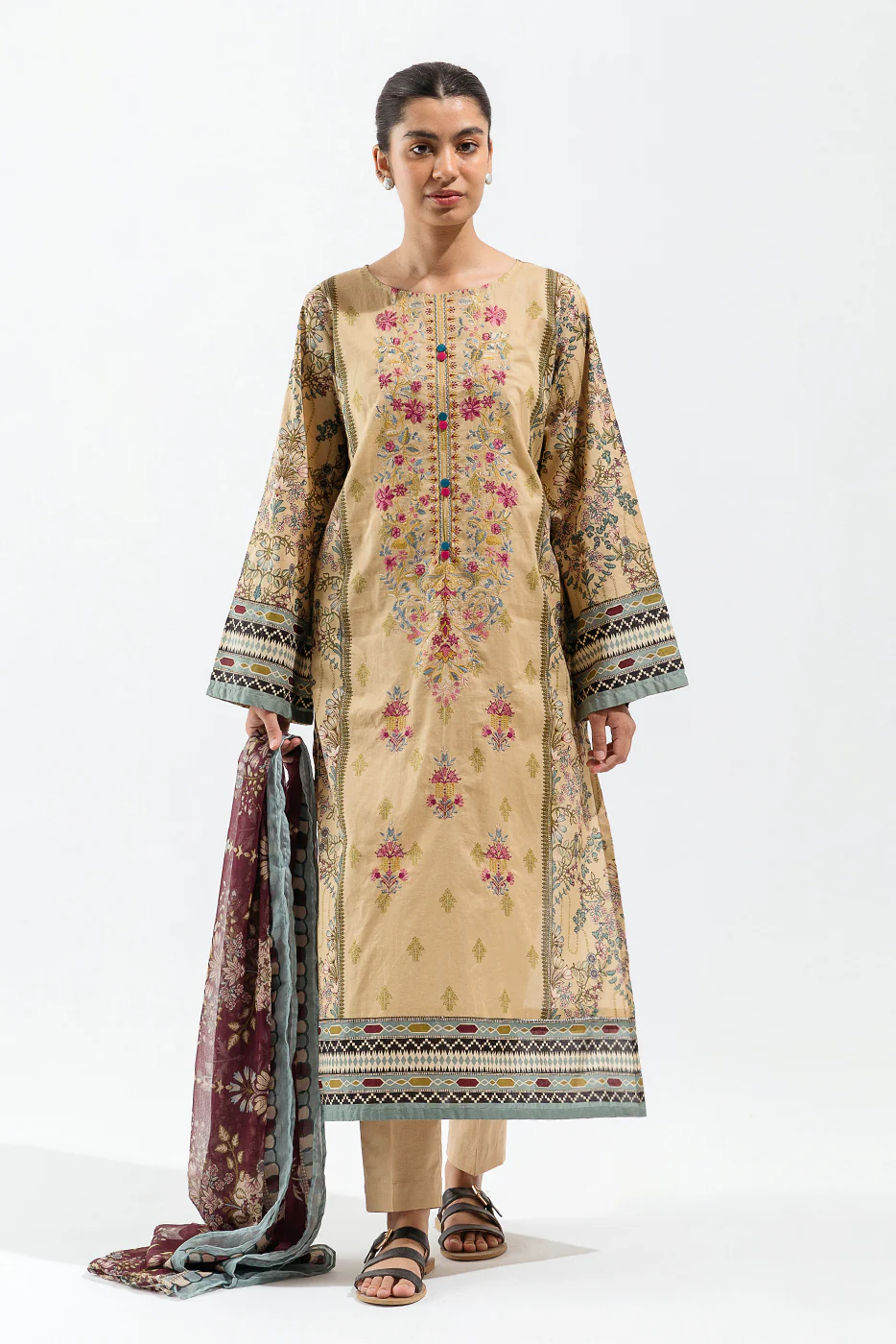 3 PIECE - EMBROIDERED LAWN SUIT - FAWN BLUSH - Image 2