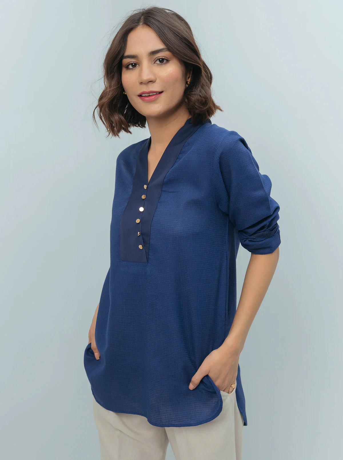 NAVY TEXTURED OVERLAP NECKLINE TOP - Image 3