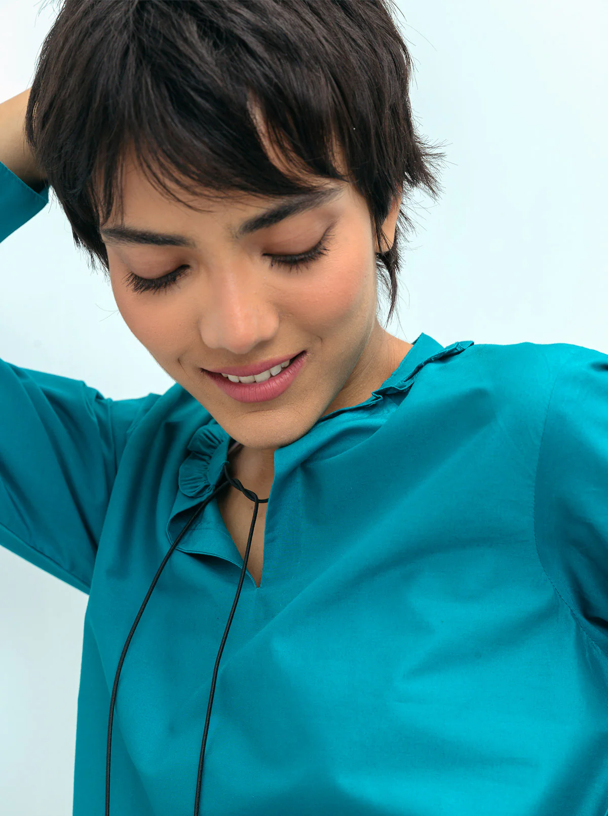 BRIGHT TEAL FRILL NECKLINE TOP - Image 2