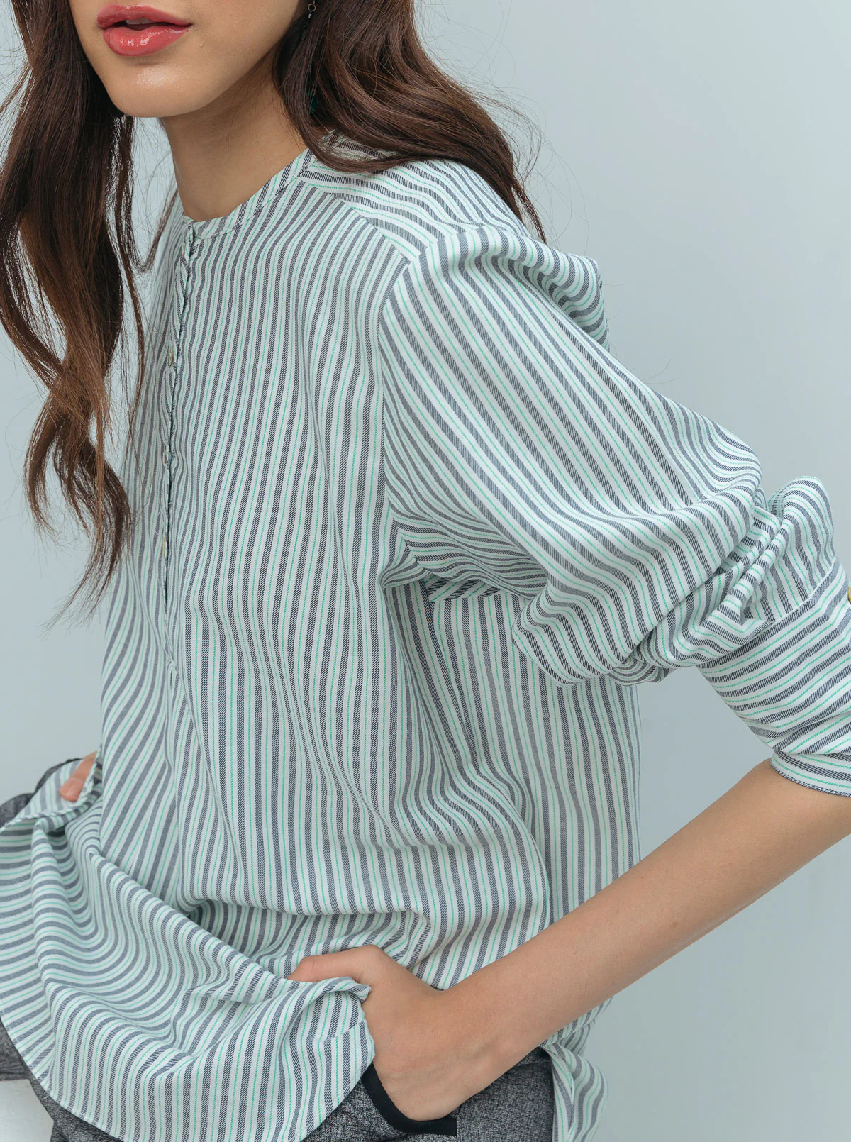 STRIPED PLACKET ROUND HEM TOP - Image 2