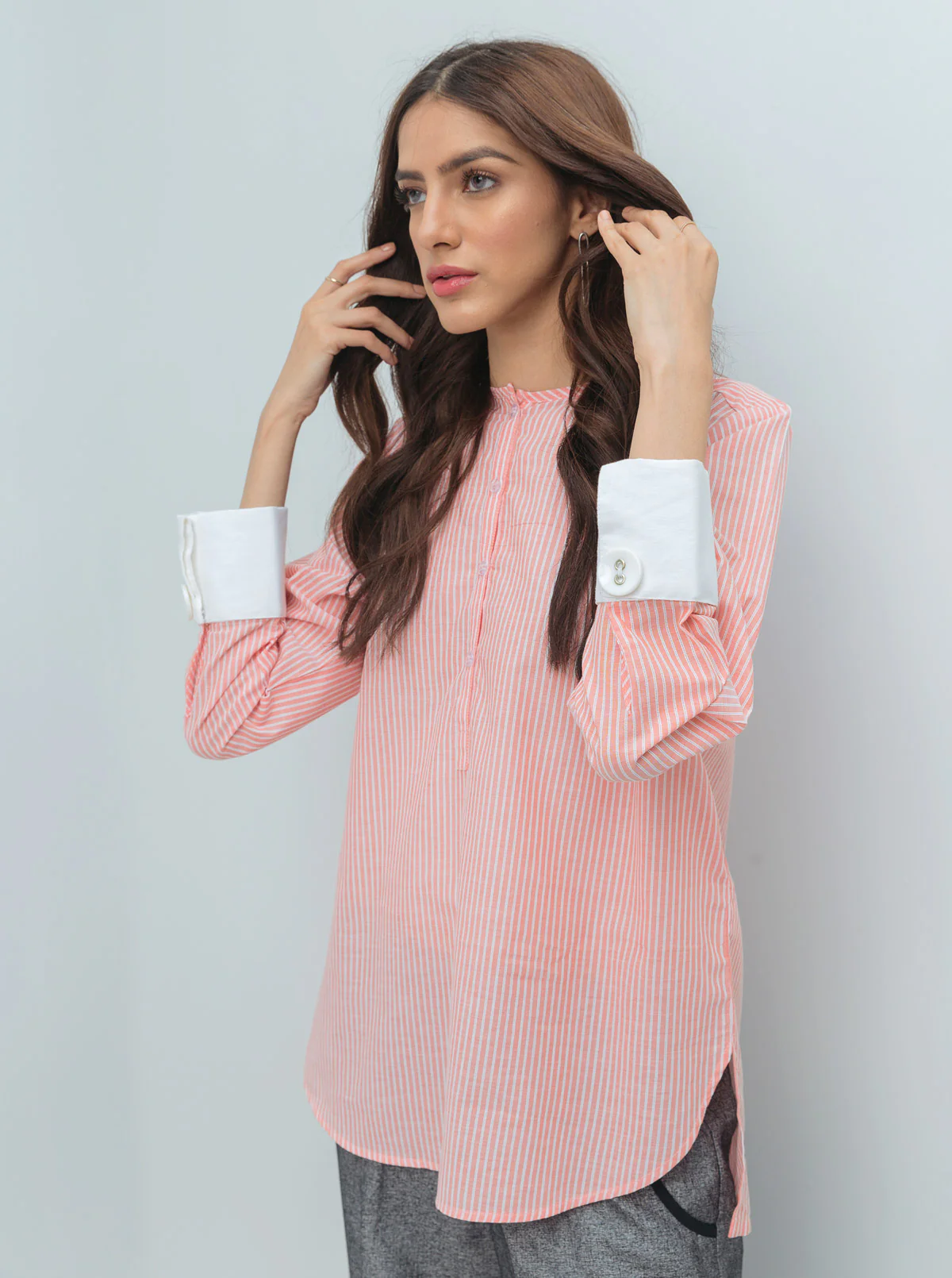 PEACH STRIPED CONTRAST CUFF TOP - Image 2